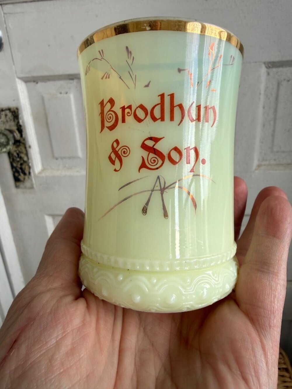 Antique Heisey Custard Glass Tumbler Uranium Advertising Brodhun & Son - Picture 4 of 14